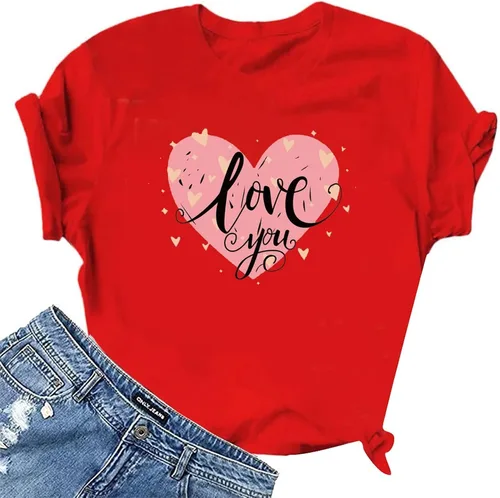 Miniatura 41 de Camisetas de manga corta con estampado de corazón para mujer, camisetas de ajuste regular, linda y divertida, ropa de regalo 2023