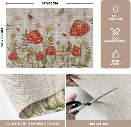 Miniatura 6 de Artoid Mode Juego de 4 manteles individuales beige con diseño de hongos y polilla y flores, 12 x 18 pulgadas, tejido de plástico, lavable