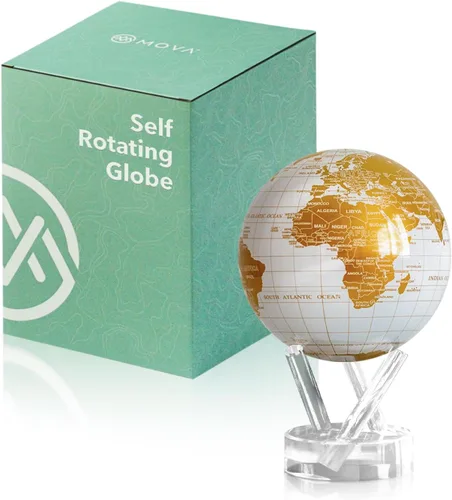 MOVA Globe - Blanco perla y dorado clásico (4.5 pulgadas) | Globo mundial giratorio alimentado por energía solar para escritorio | Decoración