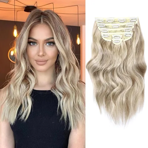 Miniatura 26 de NAYOO Extensiones de cabello con clip, de 20 pulgadas, largo, ondulado, rizado, rubio ceniza, extensiones de cabello sintético de cabeza completa