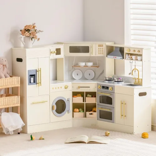 ROBUD Juego de cocina de madera, cocina de esquina de juego de simulación, juego de cocina para niños con luces y sonidos, cocina de juguete con