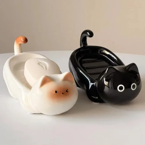 Miniatura 4 de Jabonera de cerámica para gatos, barra autodrenante para ducha, bandeja de jabón decorativa para lavabo de baño, encimera de cocina, bandeja Negro