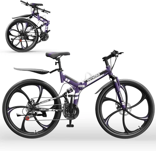 Miniatura 16 de Outroad - Bicicleta de montaña plegable de 26 pulgadas, 21 velocidades, suspensión completa, bicicleta MTB de acero de alto carbono plegable, freno