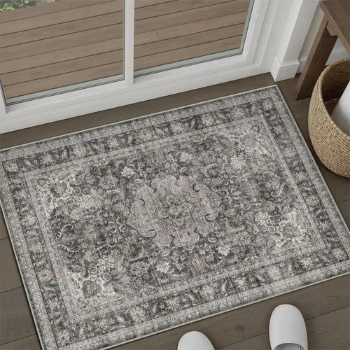 Miniatura 51 de Alfombra de área marrón lavable de 2 x 3 pies, alfombra vintage para entrada y cocina, antideslizante, suave, de pelo bajo desgastado, alfombra
