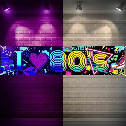 Hahafelt Decoraciones de fondo de fiesta de los años 80 con texto en inglés "I Love 80s", telón de fondo de neón retro graffiti de los años 80,