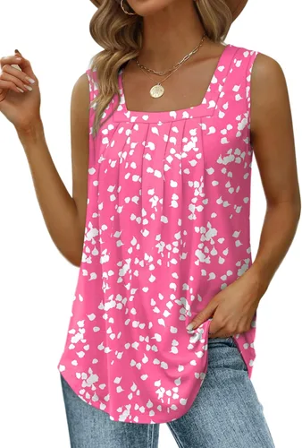 Miniatura 26 de Saloogoe - Camisetas sin mangas veraniegas para mujeres, plisadas con cuello cuadrado y dobladillo curvado, blusas de ajuste holgado con movimiento