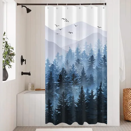 Accnicc Stall - Juego de cortinas de ducha pequeñas de bosque brumoso azul degradado, montaña, pino, cortinas de ducha de tela impermeable para