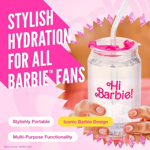 Miniatura 3 de Dragon Glassware x Barbie La Película - 16 oz Tazas de vidrio con tapas y popotes, Juego de 2 - Tazas de café helado con tapas - Vaso de vidrio