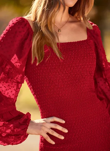 Miniatura 6 de PRETTYGARDEN Vestido corto ajustado fruncido para mujer, manga larga, cuello cuadrado, lunares suizos, volantes, vestido elegante de sirena