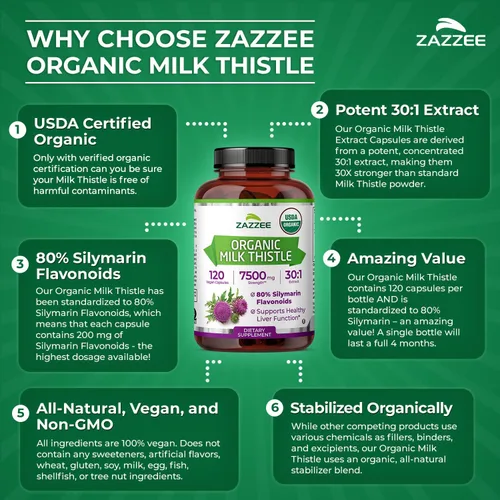 Miniatura 7 de Zazzee Extracto de Cardo Mariano Orgánico USDA 30:1, 7500 mg de Potencia, 120 Cápsulas Veganas, 80% Flavonoides de Silimarina, Extracto