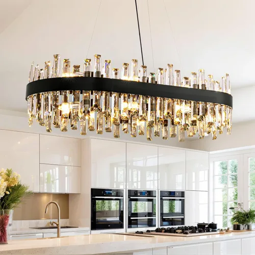 Miniatura 32 de Siljoy Candelabro moderno de cristal de 12 luces de oro cepillado de 2 niveles con forma de gota de lluvia de cristal, ajustable, montaje al ras
