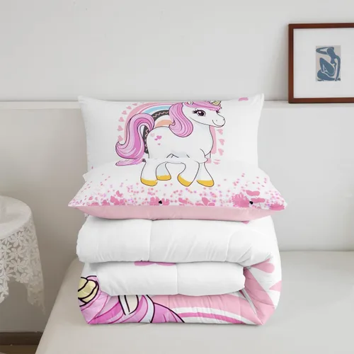 Miniatura 3 de Feelyou Juego de ropa de cama de unicornio para niñas, bonito edredón con purpurina de unicornio de dibujos animados arco iris para niños, juego