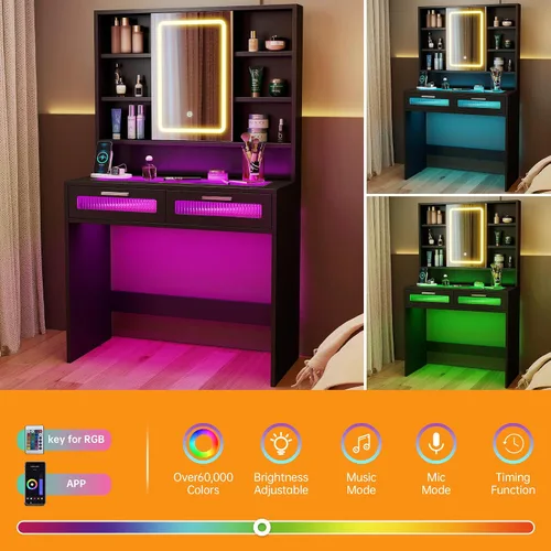 Miniatura 4 de Hadulcet Escritorio de tocador negro con espejo deslizante y luces LED, mesa de tocador de vidrio de 35.5 pulgadas con tomas de corriente, cajones