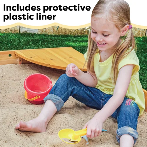 Miniatura 9 de KidKraft Caja de arena de madera para patio trasero con asiento de esquina integrado y cubierta de malla, muebles de exterior para niños, miel