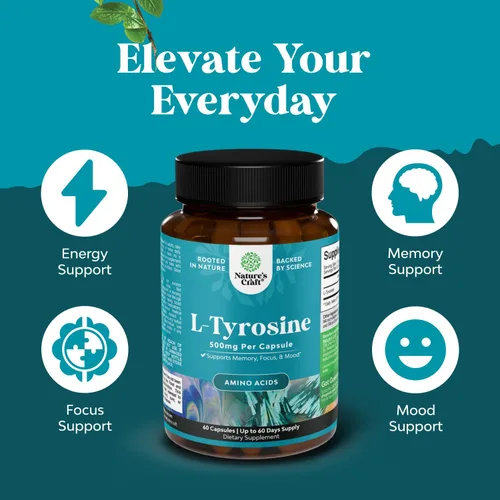 Miniatura 5 de Free Form L - Cápsulas de tirosina de 500 mg – Suplemento de L-tirosina de alta resistencia para energía mental y apoyo al enfoque – Suplemento