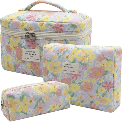 Miniatura 25 de Set de bolsas de maquillaje, bolsa de maquillaje acolchada, bolsa de cosméticos floral grande para mujeres, lindas bolsas de maquillaje de algodón