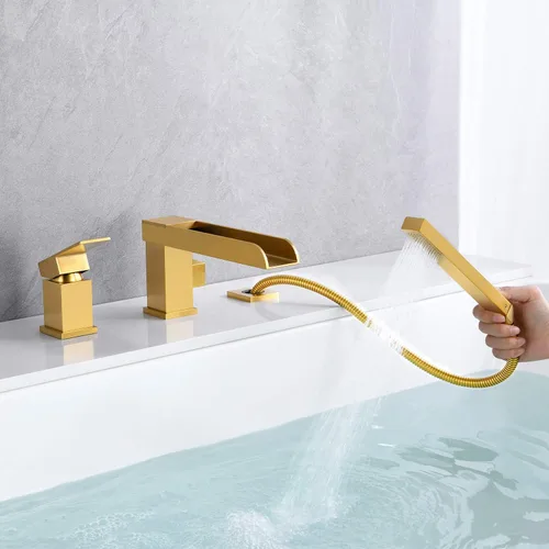 Miniatura 6 de Wowkk Grifos de Cascada para Bañera Romana de Montaje en Cubierta, Grifos de Bañera de Oro Cepillado, Grifos de Bañera de Latón con Relleno