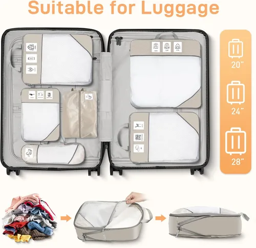 Miniatura 5 de Juego de 6 cubos de compresión de embalaje expandibles para maletas, accesorios de viaje (beige)