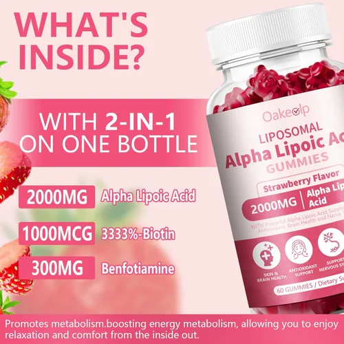 Miniatura 3 de Paquete de 2 gomitas liposomales de ácido alfa lipoico de 2000 mg, complejo ALA de alta potencia, biotina y benfotiamina para antioxidante, salud