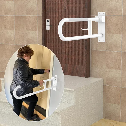 Miniatura 6 de Barra de sujeción para inodoro de 77 cm, YuanDe, riel de apoyo antideslizante blanco, barra de sujeción plegable en forma de U con porta papel