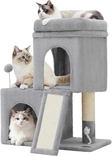 Woochpet Árbol para gatos de 24 pulgadas de alto con 2 condominios para gatos y juguete de ratón, acogedora torre pequeña para gatos con poste