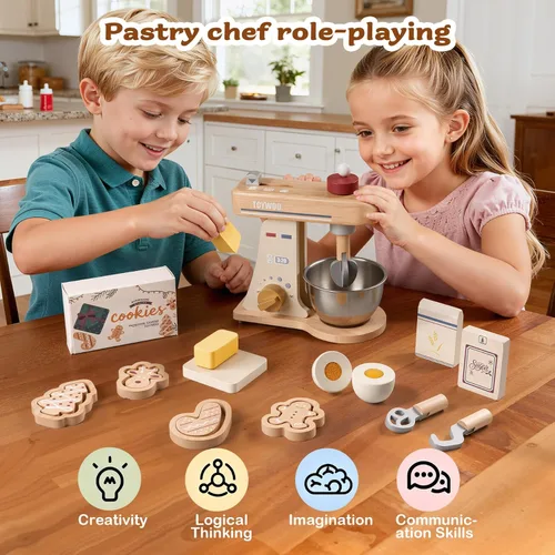 Miniatura 6 de Mezclador de juguete de madera para cocina de juego de niños Accesorios de cocina de juguete Juego de comida de madera con batidor, batidores Play