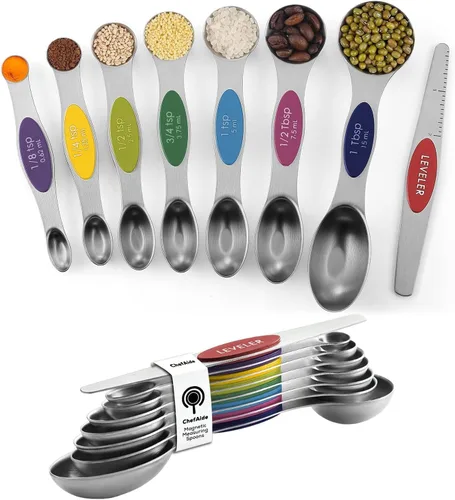 Miniatura 7 de ChefAide Paquete de 8 Cucharas Medidoras Magnéticas de Acero Inoxidable, de Doble Cara, Apilables, Cucharadita y Cucharada Medidoras Ajustables