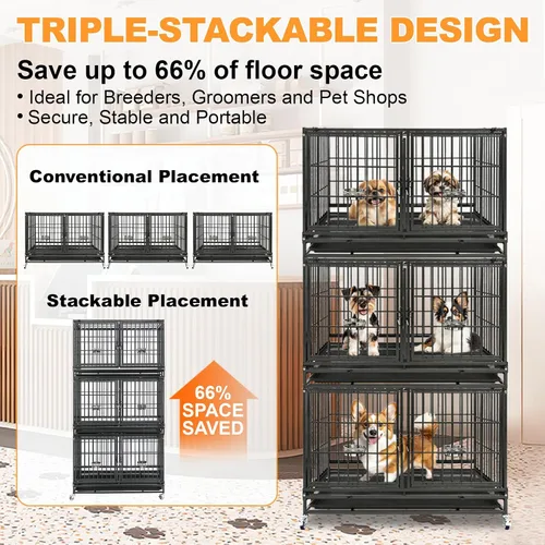 Miniatura 2 de Homey Pet Paquete de 2 jaulas apilables de tres niveles de 43 pulgadas para perros con ruedas, jaula de acero indestructible para perros