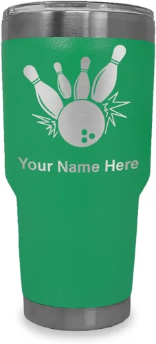 Miniatura 7 de LaserGram Vaso aislado al vacío de 20 onzas, bola de boliche y alfileres, grabado personalizado incluido (negro)