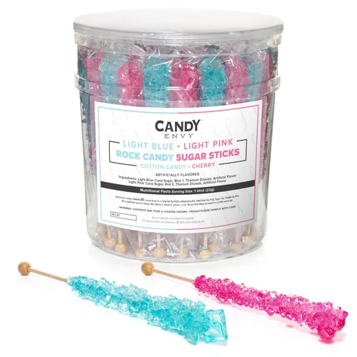 Miniatura 9 de Palitos de azúcar de caramelo de roca azul claro y rosa claro, 12 golosinas envueltas individualmente, sabor a algodón de azúcar y cereza