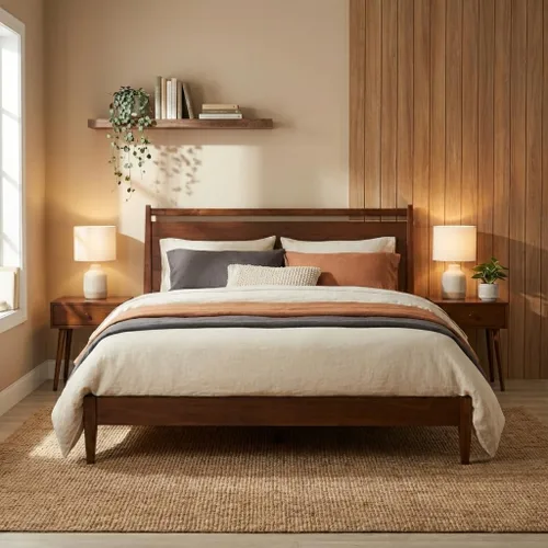 Miniatura 13 de NTC Adept Marco de cama de madera con cabecero, base de madera de roble macizo y caucho con listones silenciosos y soportes centrales de madera