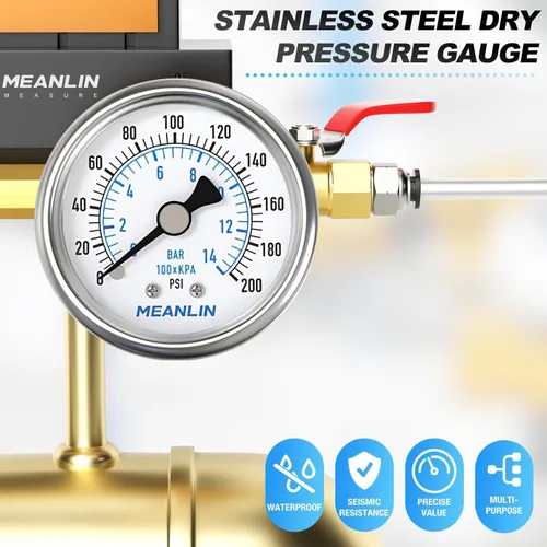Miniatura 7 de MEANLIN MEASURE Medidor de presión en seco de acero inoxidable de 0 ~ 200 psi, esfera de cara NPT de 2 pulgadas, impermeable para compresor de aire