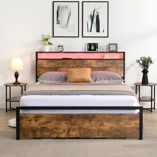 Miniatura 3 de HAUSHECK Base de cama LED de tamaño matrimonial con 2 cajones en ruedas, cabecera de almacenamiento, luces LED, puertos USB y tomacorrientes