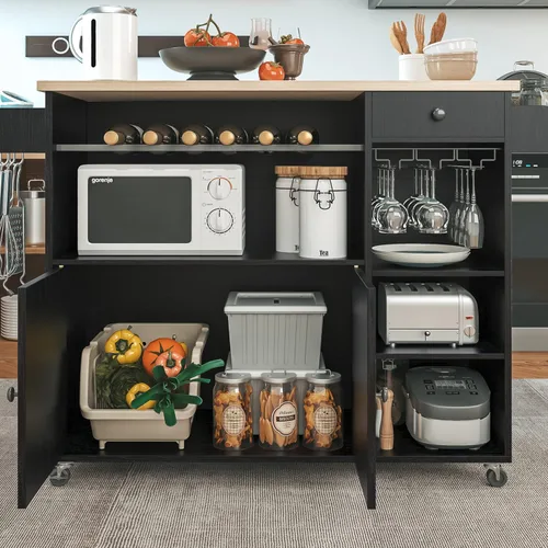 Miniatura 3 de IRONCK Carrito de isla de cocina rodante con hojas caídas y estante para vino, carrito de servir con ruedas para microondas con cajón y estantes