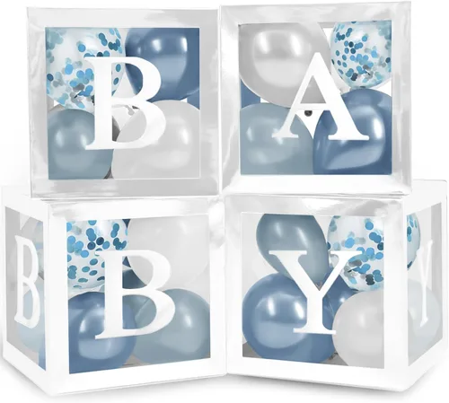 Miniatura 14 de Cajas de baby shower con letras - Cajas azules metálicas con globos metálicos azules y plateados - Juego de 44 piezas para revelación de género