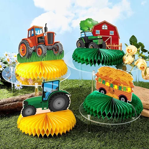 Miniatura 4 de Zonon 6 piezas de decoración de cumpleaños de tractor, centro de mesa de panal de abeja, suministros de fiesta, decoración de granja para tractores