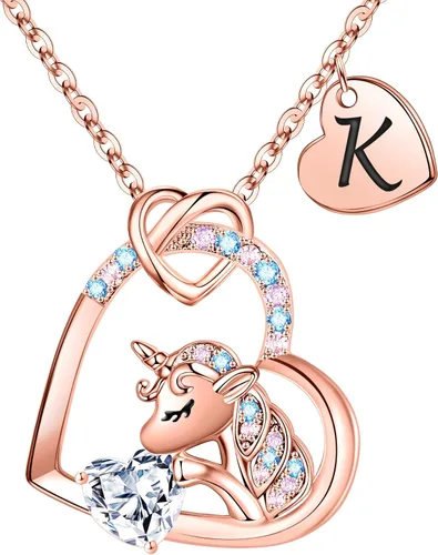 IEFRICH Regalos de unicornios para niñas, collares de unicornio con corazón de circonita cúbica para mujeres y niñas, collares con inicial, joyería