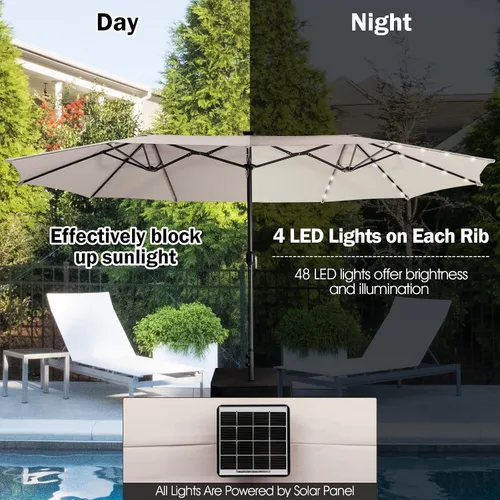 Miniatura 4 de Giantex Paraguas grande para exteriores de doble cara, 48 luces solares, panel solar de carga automática, sombrilla de patio extragrande con base