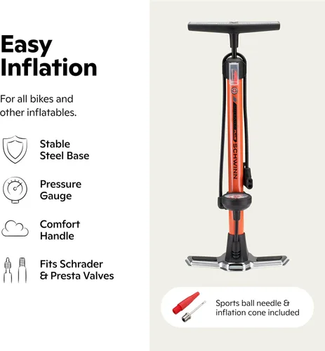 Miniatura 15 de Schwinn Serie Air Center o bomba de piso básica, para una gama de bicicletas, 100, 120 o 160 PSI, mango de agarre suave, cabezal doble para válvulas