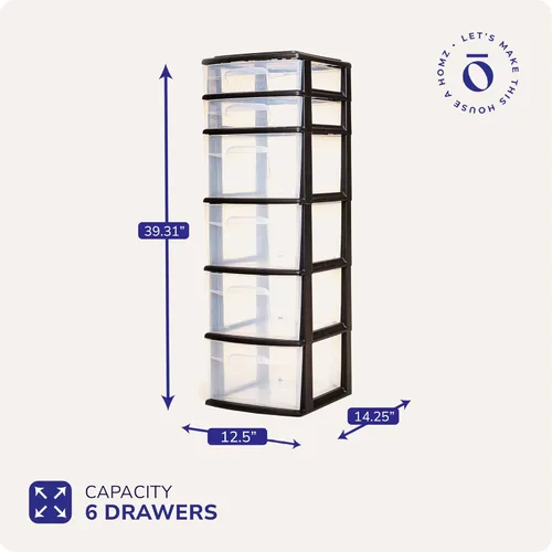 Miniatura 2 de HOMZ Torre de cajones, carrito organizador de almacenamiento de plástico transparente de 6 niveles, marco negro, cajones organizadores resistentes