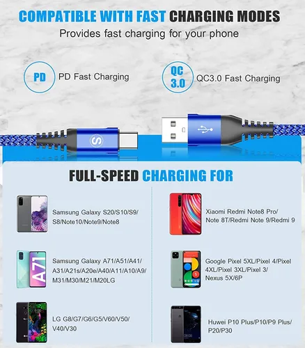 Miniatura 7 de sweguard Cable de carga USB tipo C [paquete de 3, 10 pies + 6.6 pies + 3.3 pies] cargador iPhone 15 cable trenzado de nailon para iPhone 15 Pro Max