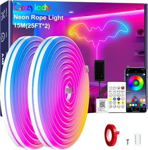 Miniatura 12 de Cozylady 40 pies (20 pies * 2 rollos) luces de cuerda LED RGB de neón para dormitorio, lámpara de tira LED de 12 m con cinta adhesiva de doble cara