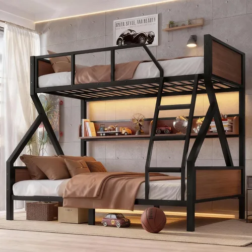 Miniatura 12 de Bellemave Litera individual XL sobre Queen con estantes, literas de metal con escaleras y luces, litera resistente para dormitorios, habitaciones