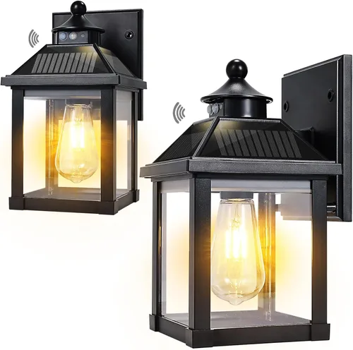 Miniatura 8 de Paquete de 2 luces solares de pared para exteriores, luces LED de porche del atardecer al amanecer, sensor de movimiento, aplique solar impermeable