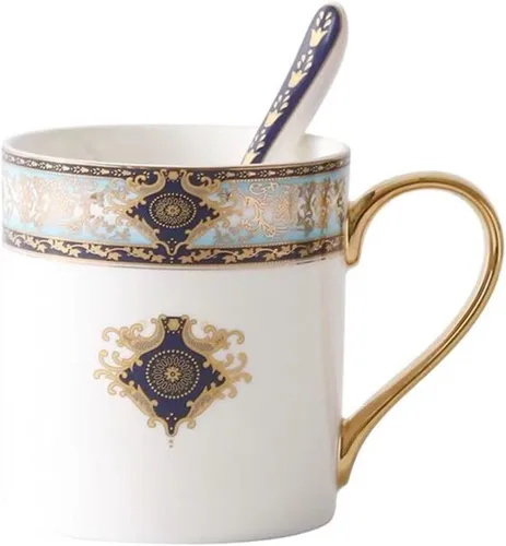 Miniatura 11 de Taza de café de porcelana de porcelana de hueso para la oficina de la cocina del hogar - Patrones de pájaros (azul)