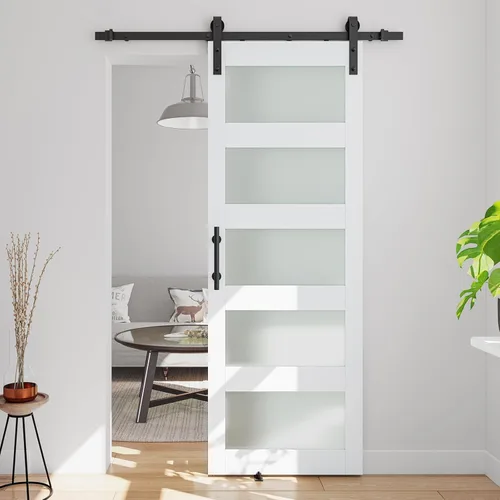 Miniatura 20 de Puerta corrediza de granero de vidrio de 5 paneles de 42 x 84 pulgadas con kit de herrajes de 7 pies incluido, fácil montaje con agujeros Blanco