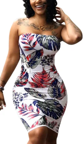Vestido sexy de verano tropical para mujer, sin tirantes, floral, tubo a media mitad, bodycon para fiesta, club