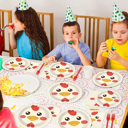 Miniatura 5 de gisgfim Paquete de 96 piezas de suministros para fiesta de cumpleaños de pollo, platos de papel, servilletas, decoración temática de fiesta