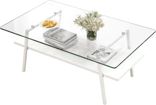 Miniatura 5 de Mesa de centro de cristal para sala de estar, mesa de centro de 2 niveles de mediados de siglo, mesa central con parte superior de vidrio templado