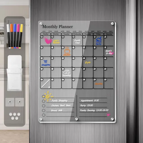 Calendario magnético para refrigerador, calendario acrílico grueso para refrigerador con imanes fuertes, pizarra blanca transparente de borrado en